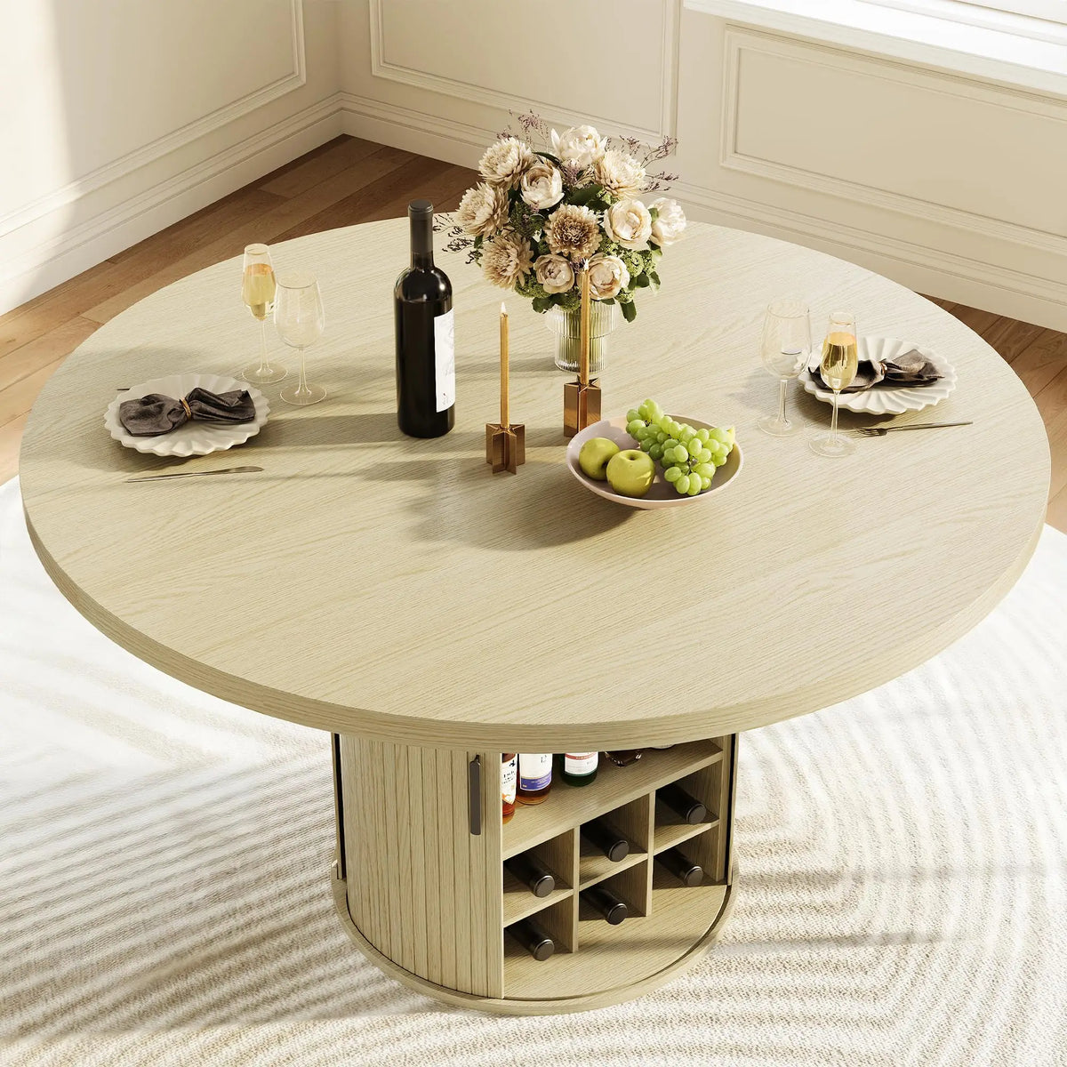HiMISS Round Dining Table Featuring Hidden Storage And Wine Rack