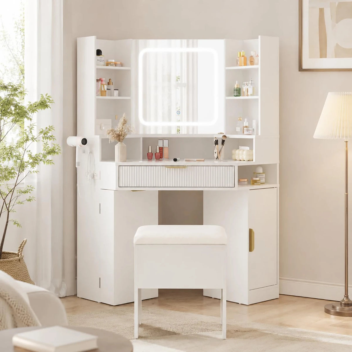 HiMISS Corner Vanity Desk With Mirror LED Lights And Charger