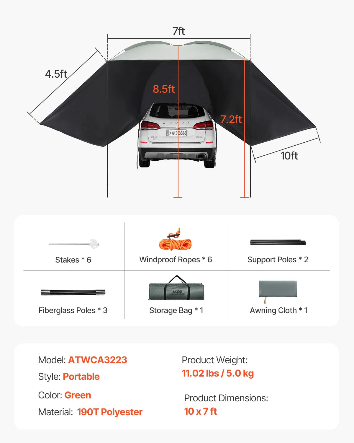 SucceBuy Retractable Car Side Awning With Storage Bag