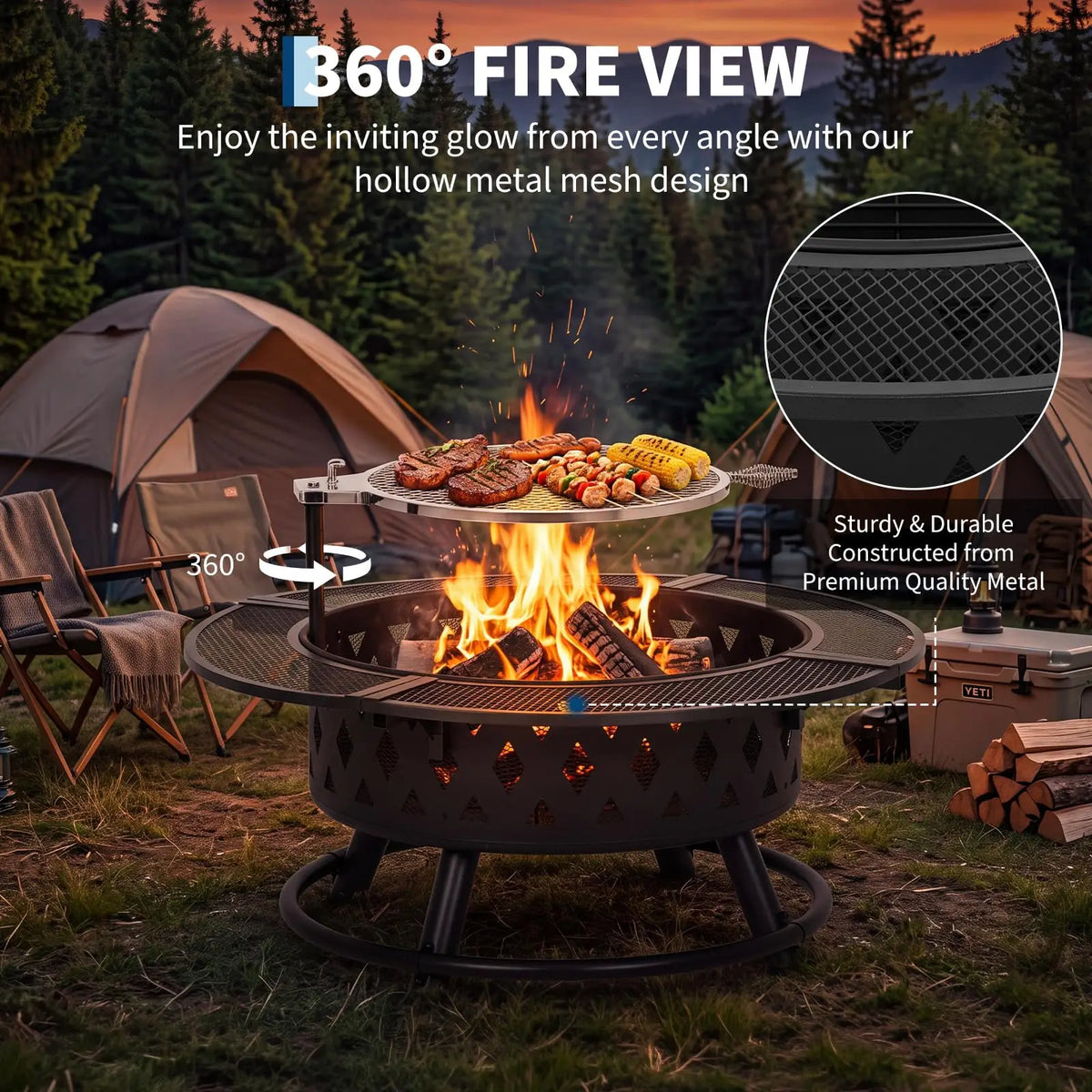 HiMiss Round Wood Burning Fire Pit With Safety Mesh Guard