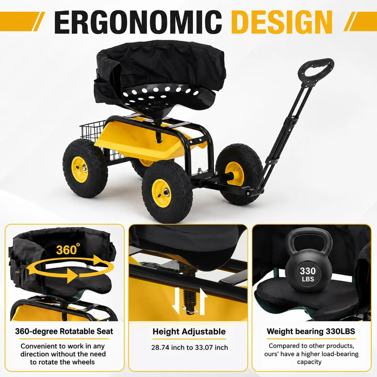 HiMISS Rolling Garden Seat Cart With Swivel Seat And Basket