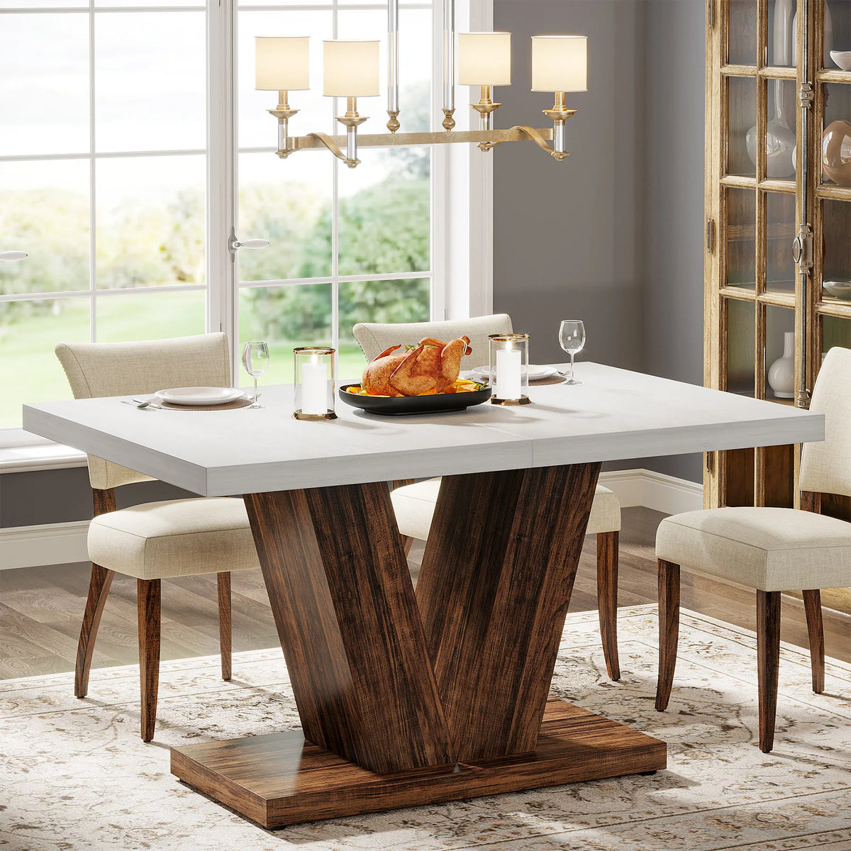 Tribesigns Farmhouse Wooden Dining Table With Pedestal Base