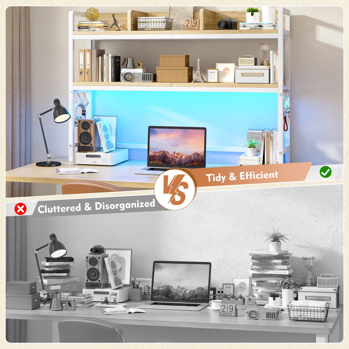 Two Tier LED Desk Shelf With Hooks And Storage Organizer