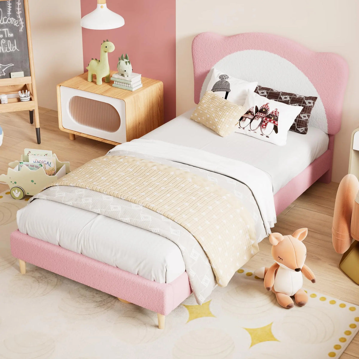 Premium Upholstered Kids Bed Frame With Panda Design And Wood Support