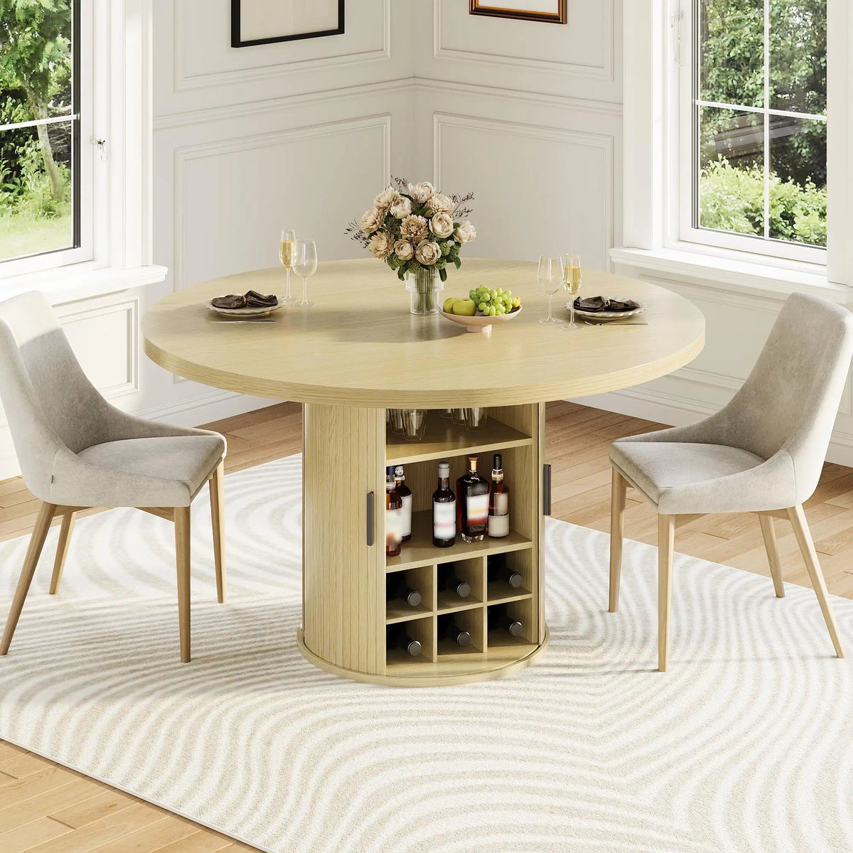 HiMISS Round Dining Table Featuring Hidden Storage And Wine Rack