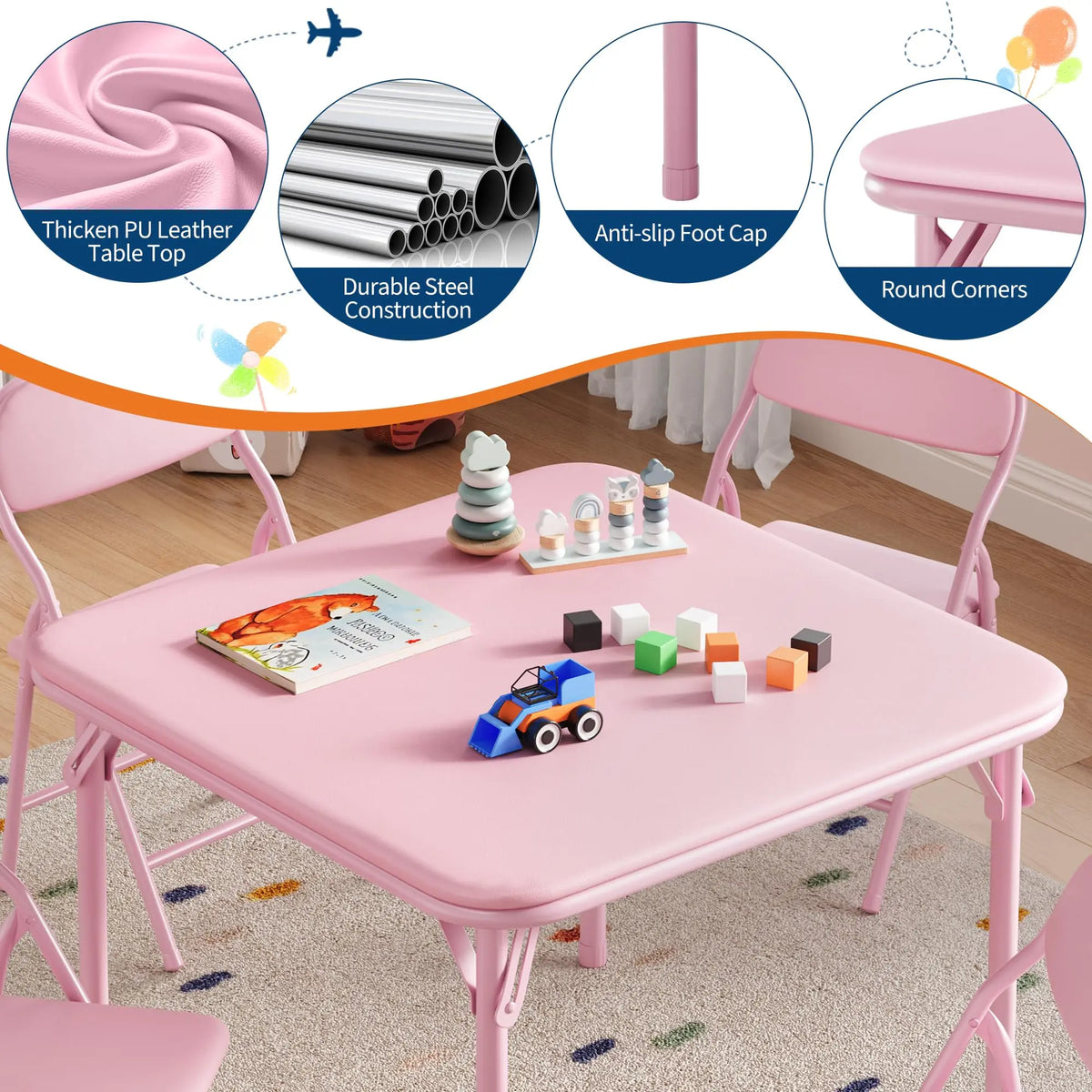 Wooden Kids Folding Table and Chairs Set for Playroom Activity