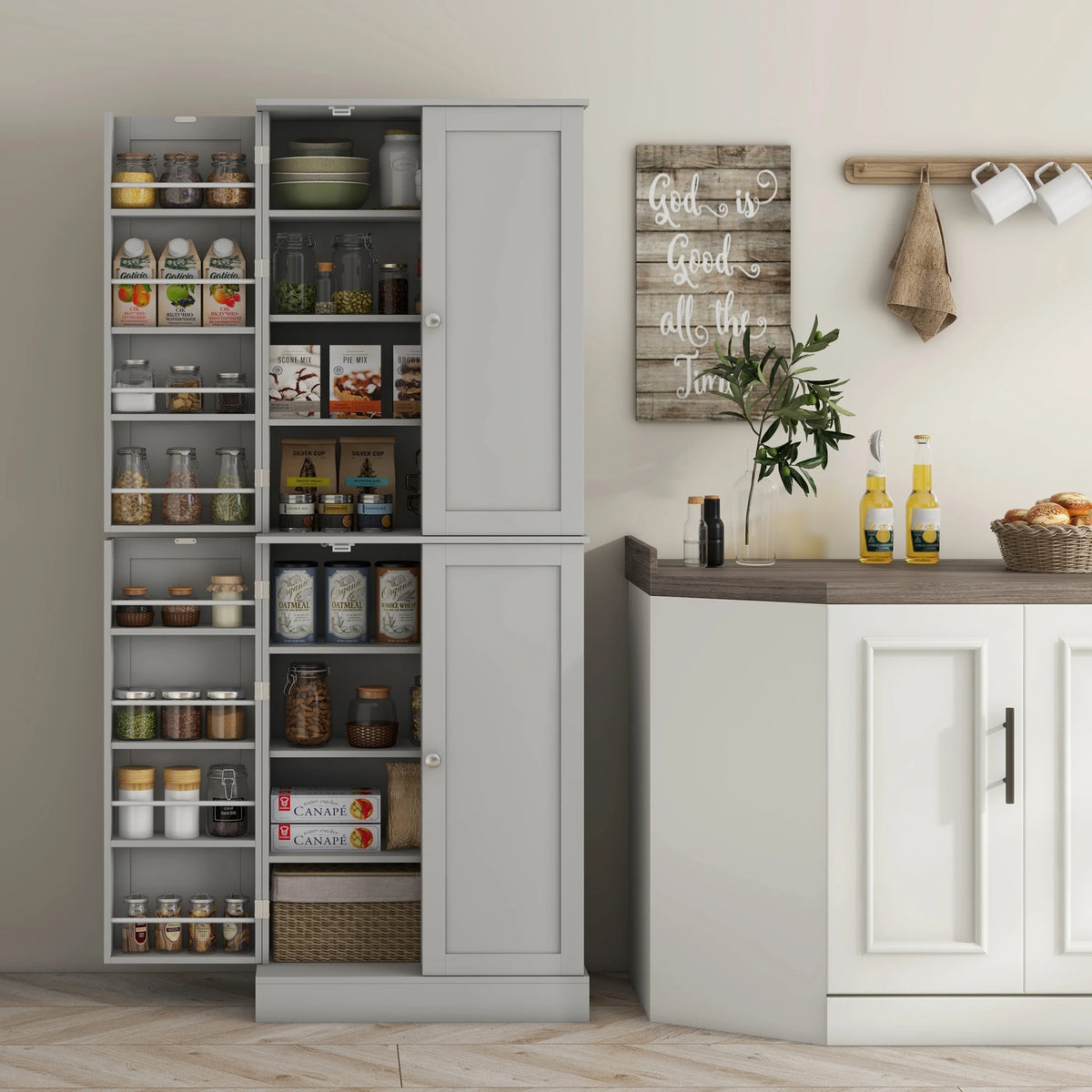 Homcom Freestanding Kitchen Pantry Cabinet With Adjustable Shelves