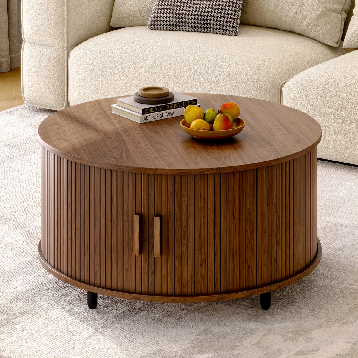 Onbrill Modern Round Coffee Table With Sliding Door Storage