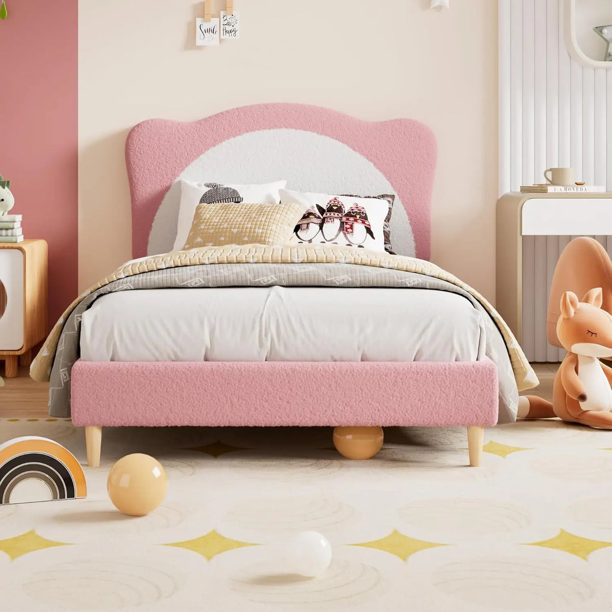 Premium Upholstered Kids Bed Frame With Panda Design And Wood Support