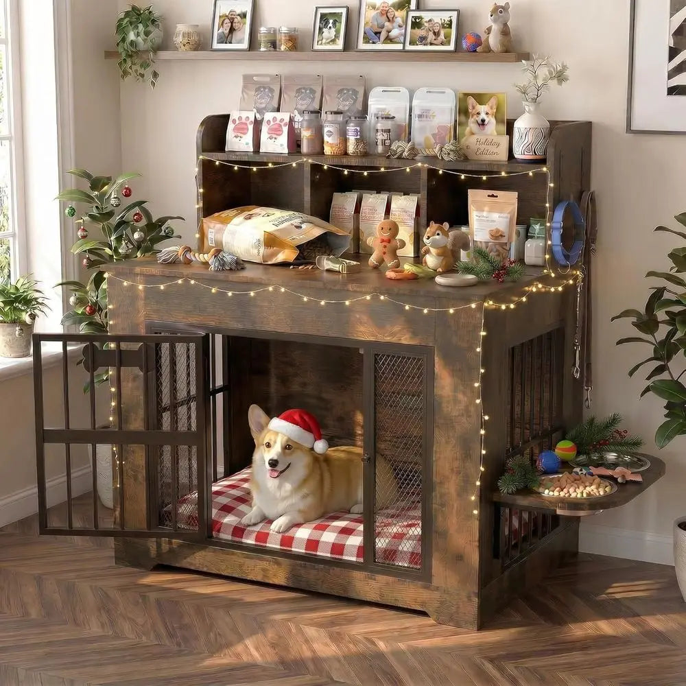 Heavy Duty Dog Crate Furniture With Storage Shelves And Bowls