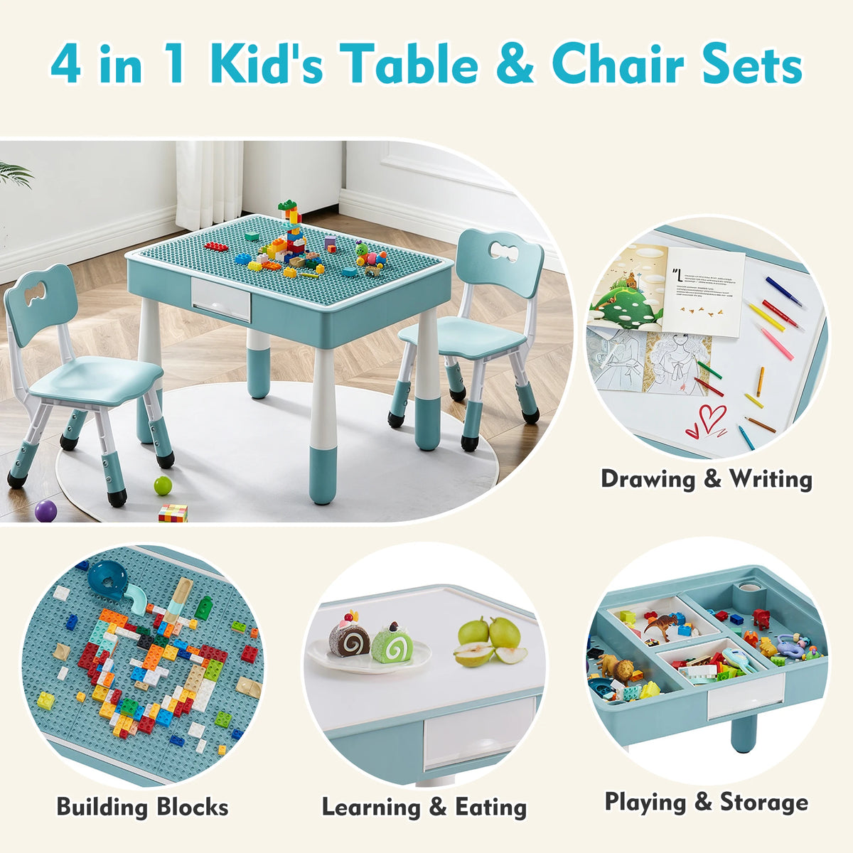 Adjustable Plastic Kids Table And Two Chairs Set With Storage