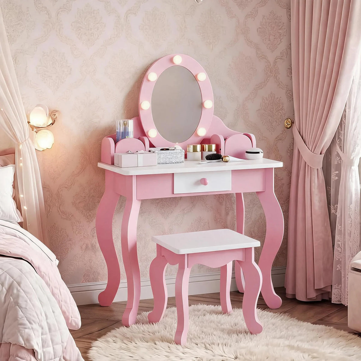 HiMISS Wooden Kids Vanity Desk With Illuminated Mirror