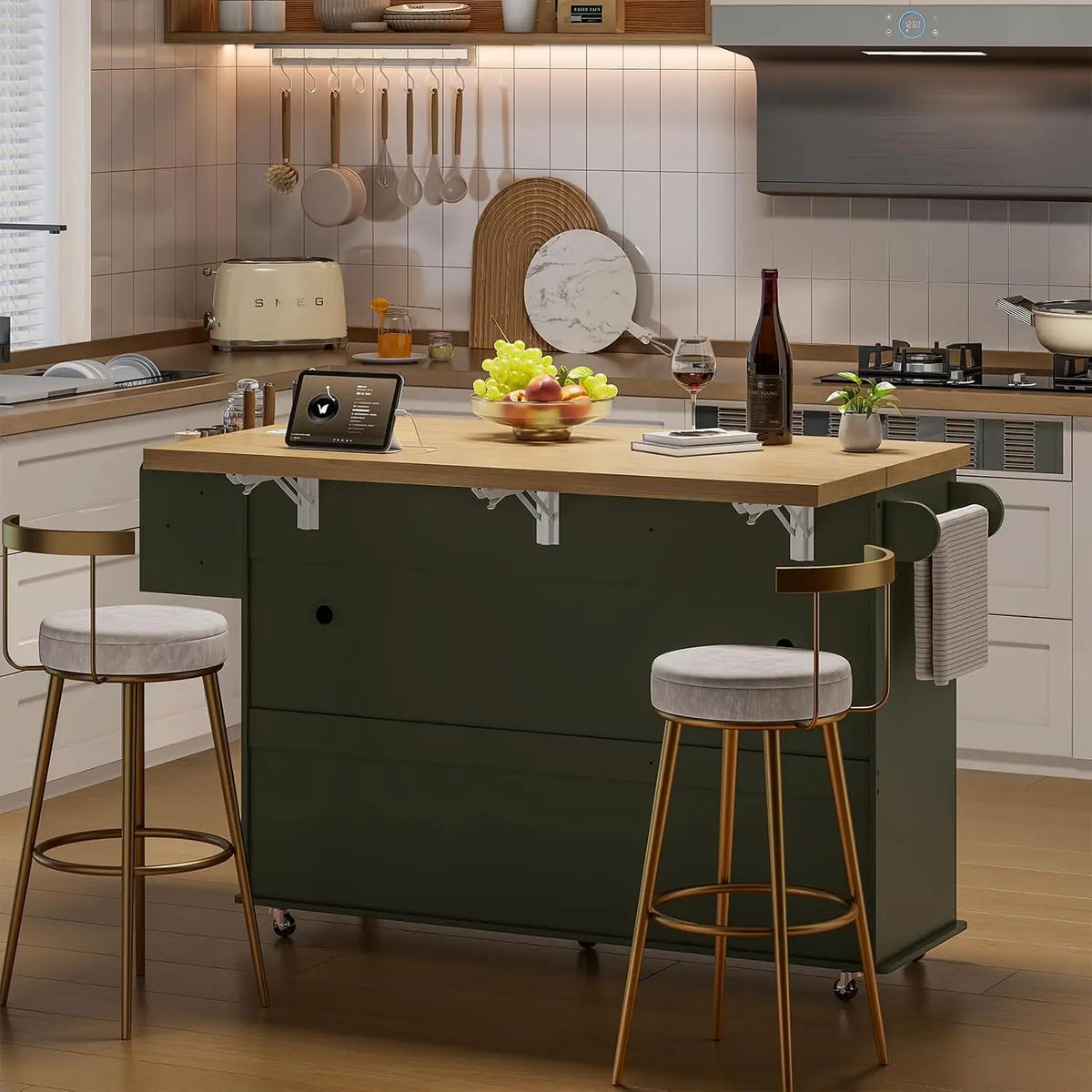 Onbrill Rolling Kitchen Island With Drawer And Power Outlet