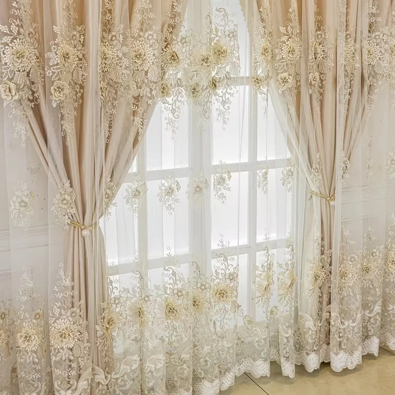 Luxury Double Layer Embroidered Blackout Curtains Set