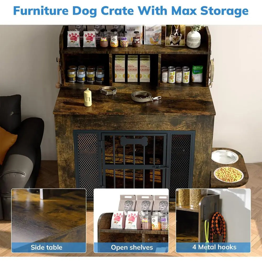 Heavy Duty Dog Crate Furniture With Storage Shelves And Bowls