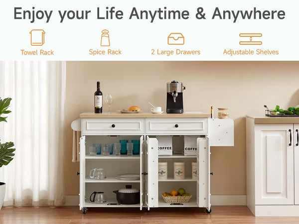 Wood Mobile Kitchen Island Drop Leaf Spice Rack Towel Rack