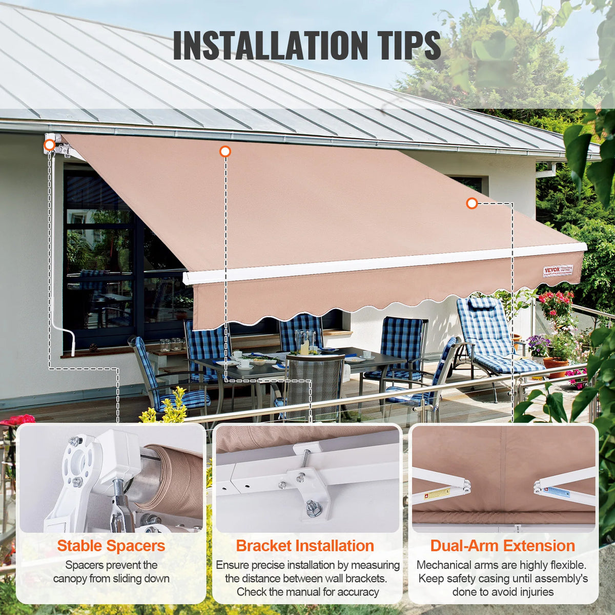 SucceBuy Manual Retractable Outdoor Awning With Water Resistant Polyester