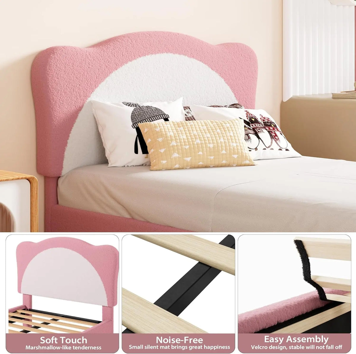 Premium Upholstered Kids Bed Frame With Panda Design And Wood Support
