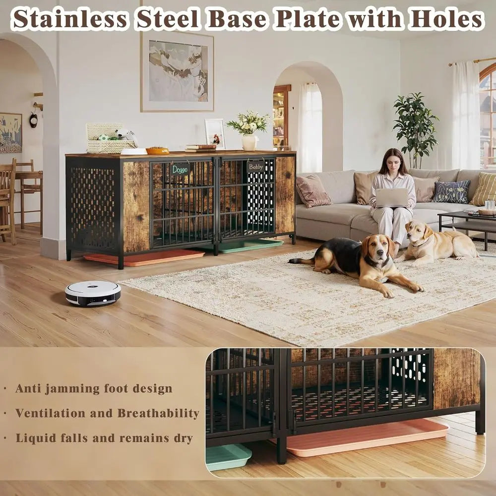 Indoor Double Dog Kennel With Removable Divider And Metal Frame