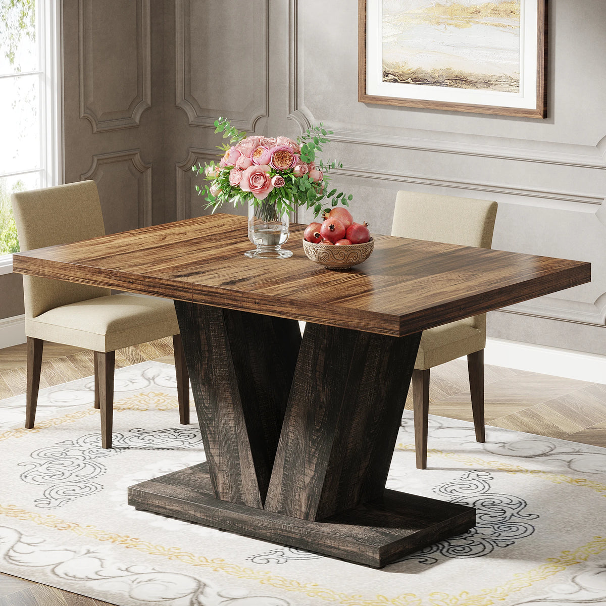 Tribesigns Farmhouse Wooden Dining Table With Pedestal Base