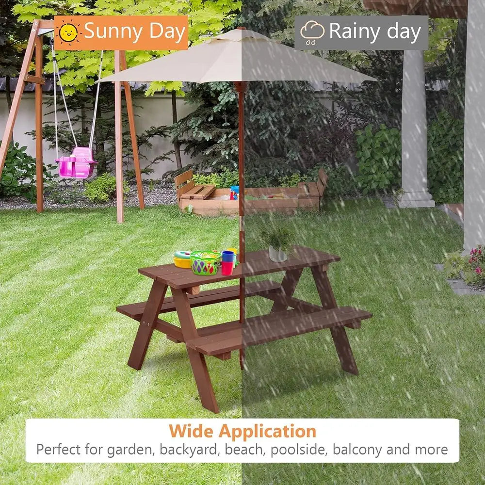 Wooden Kids Picnic Table With Bench And Removable Umbrella Set