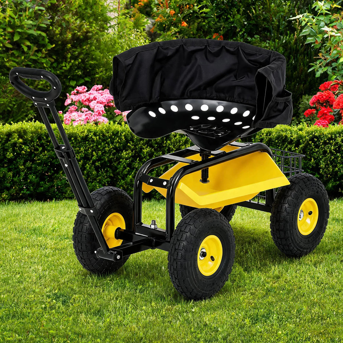 HiMISS Rolling Garden Seat Cart With Swivel Seat And Basket