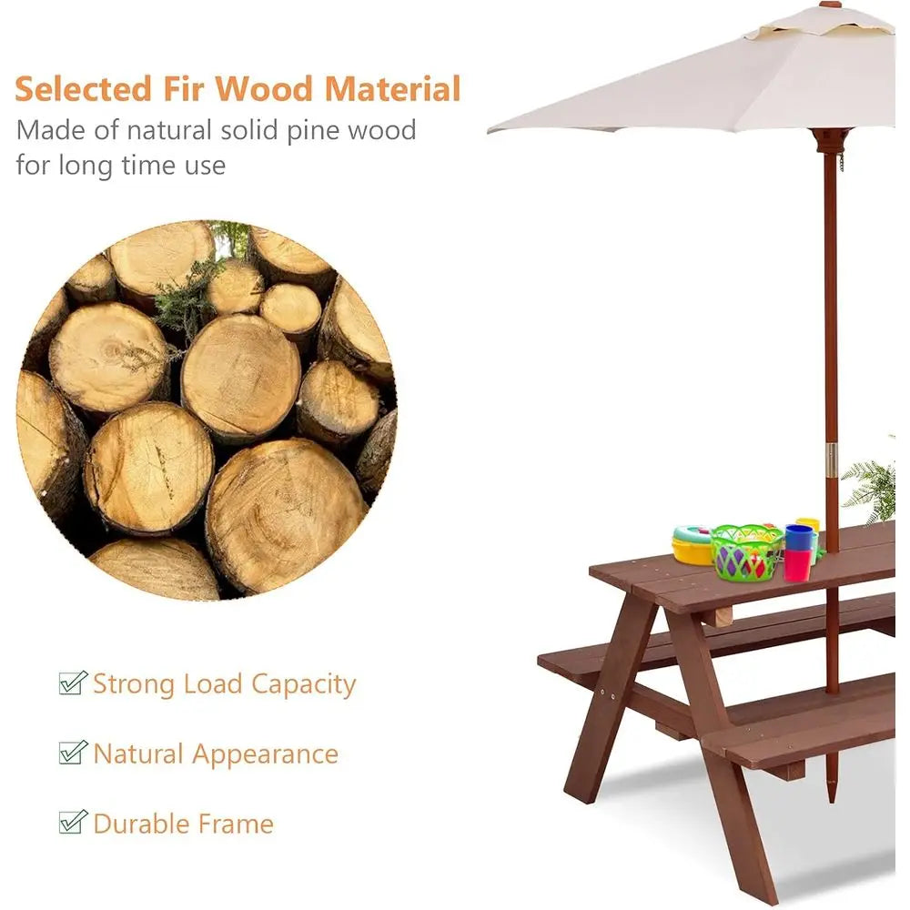 Wooden Kids Picnic Table With Bench And Removable Umbrella Set