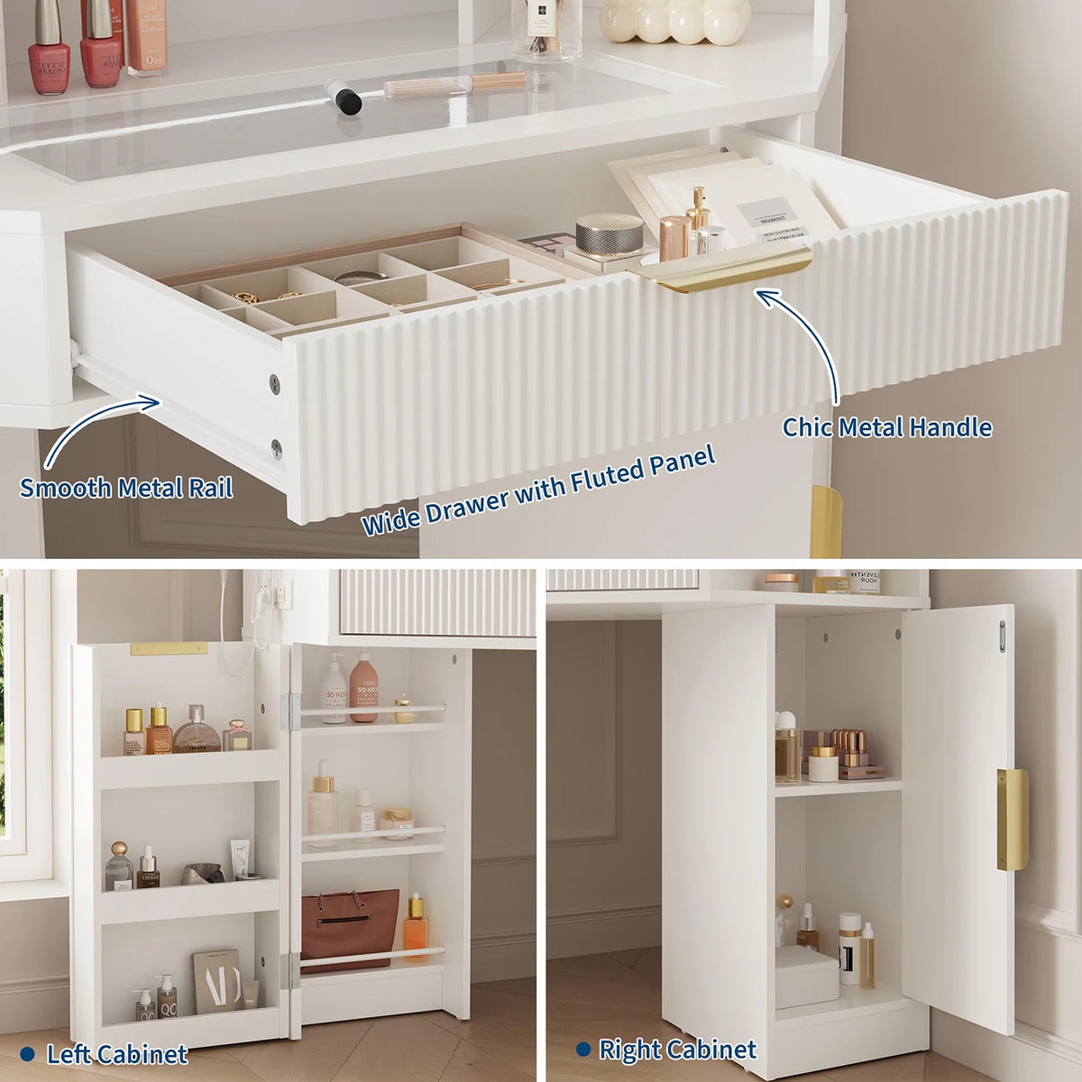 HiMISS Corner Vanity Desk With Mirror LED Lights And Charger
