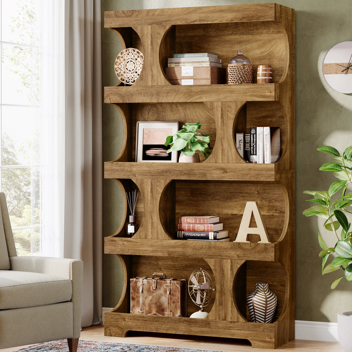 Tribesigns 4 Tier S Shape Wood Bookcase Home Display Shelves