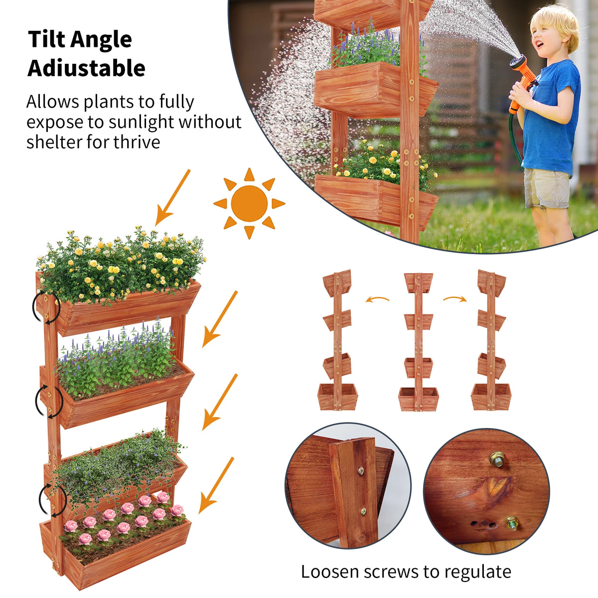 Four Tier Solid Wood Raised Garden Bed With Removable Planters