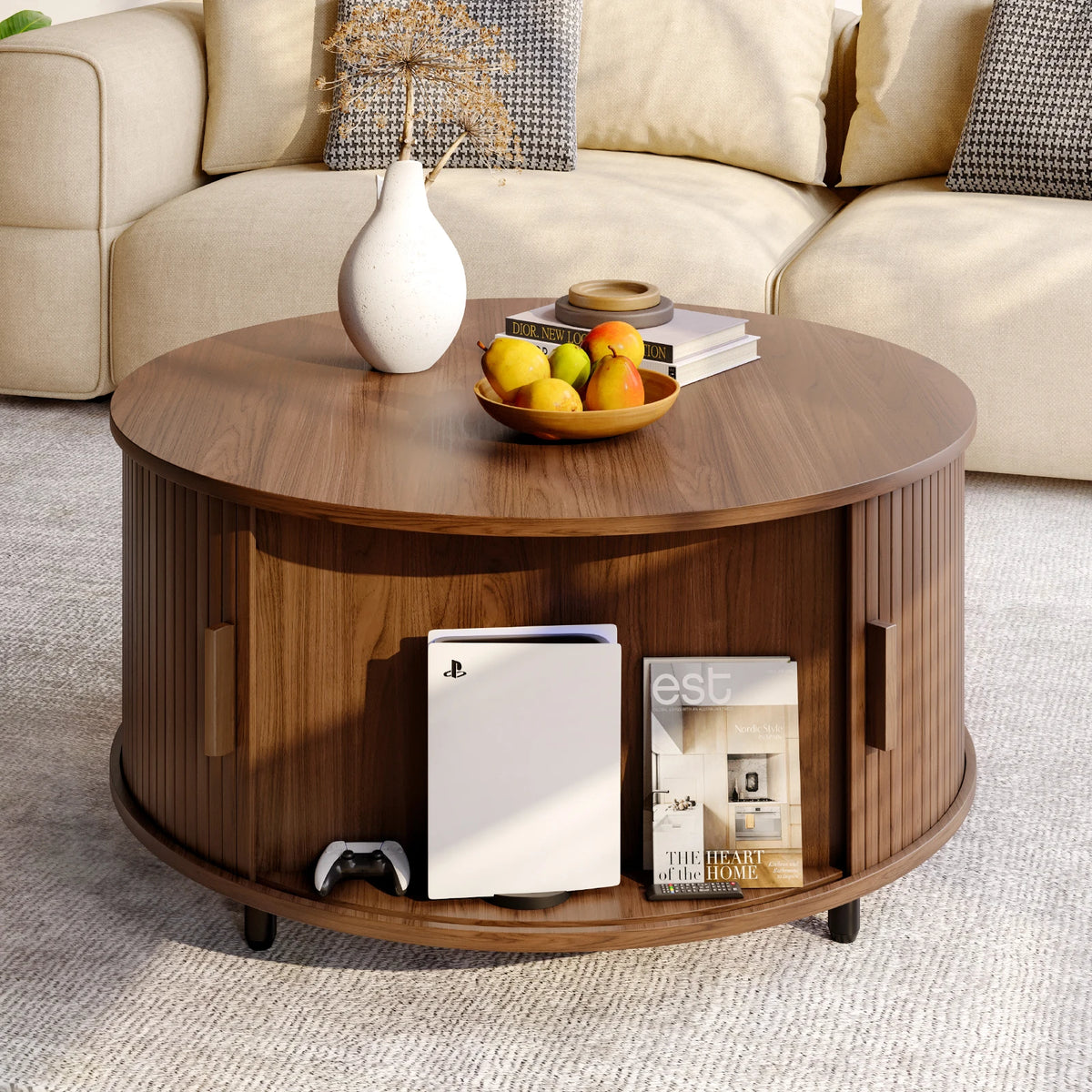 Onbrill Modern Round Coffee Table With Sliding Door Storage