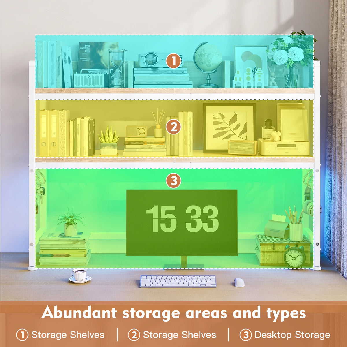 Two Tier LED Desk Shelf With Hooks And Storage Organizer