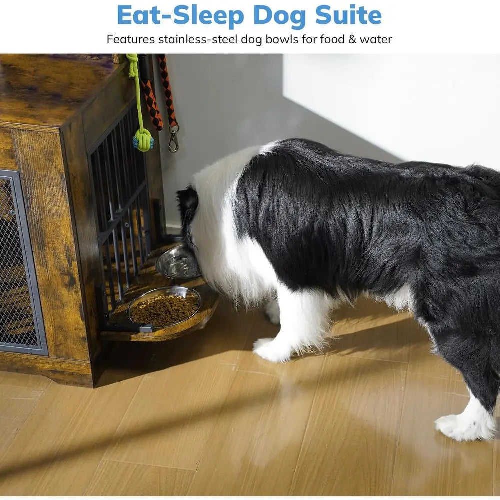 Heavy Duty Dog Crate Furniture With Storage Shelves And Bowls
