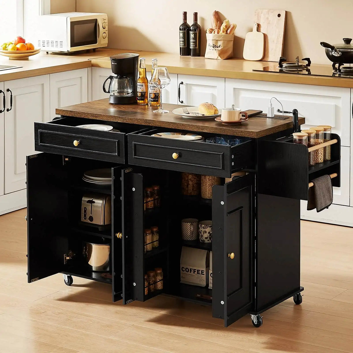 Wood Mobile Kitchen Island Drop Leaf Spice Rack Towel Rack