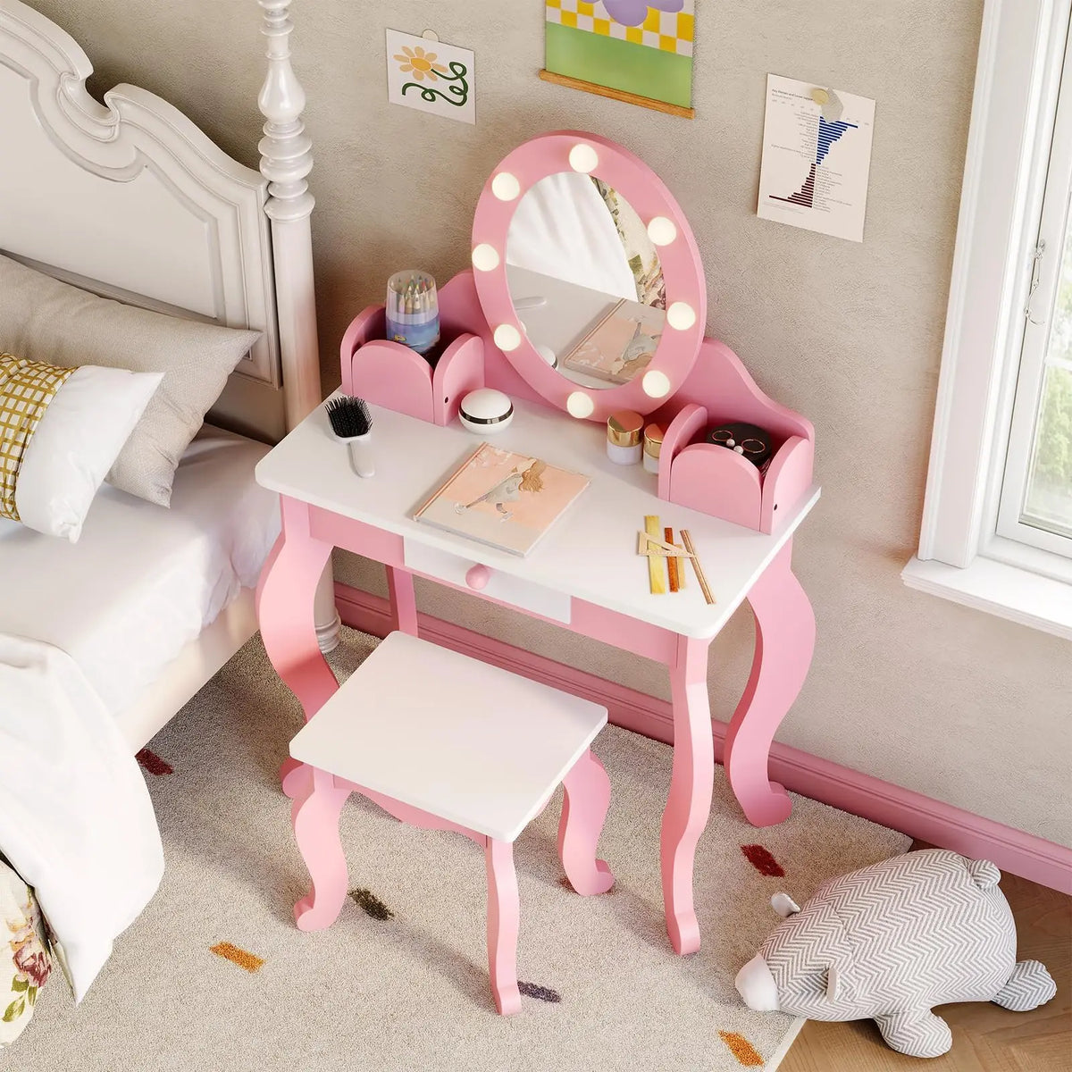 HiMISS Wooden Kids Vanity Desk With Illuminated Mirror