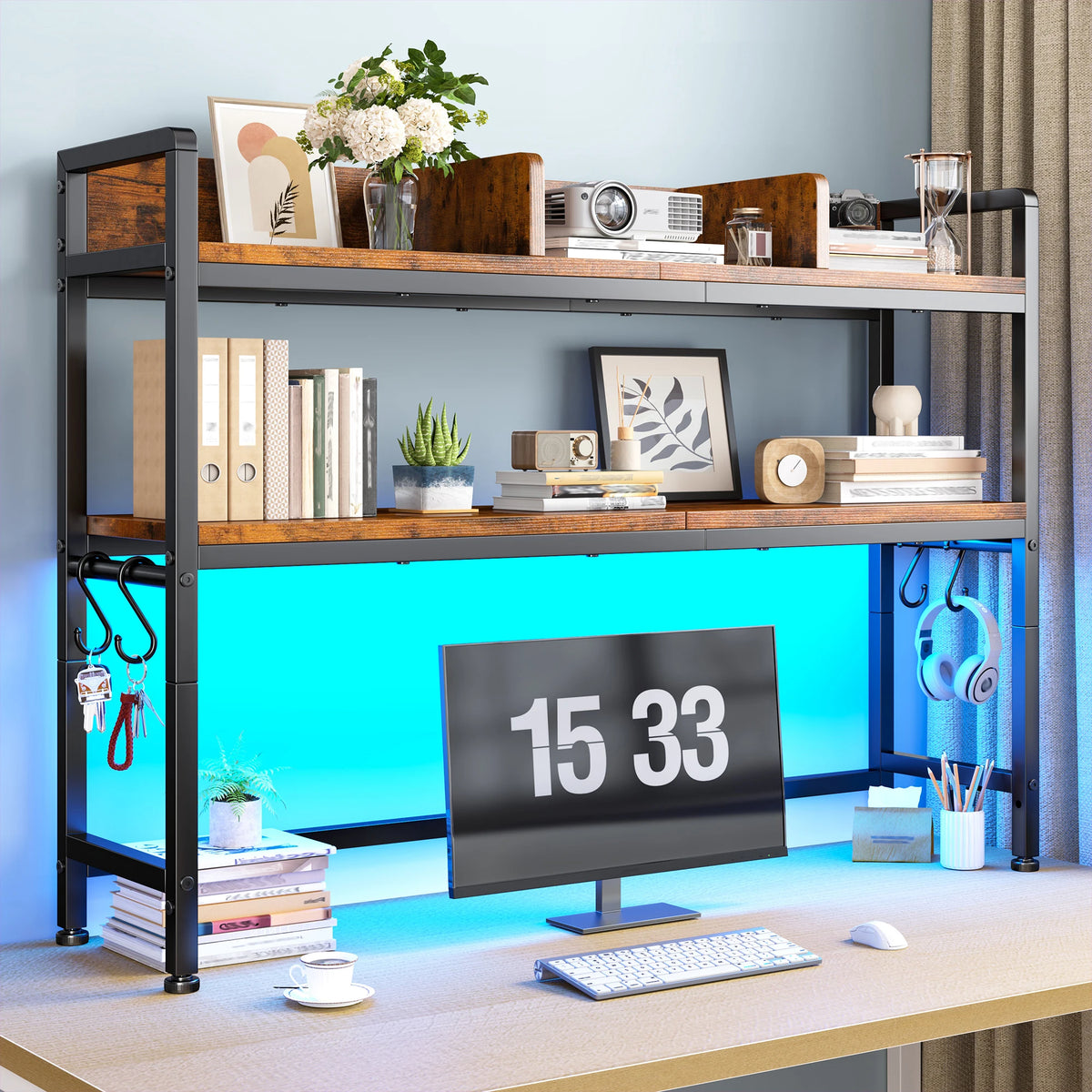 Two Tier LED Desk Shelf With Hooks And Storage Organizer