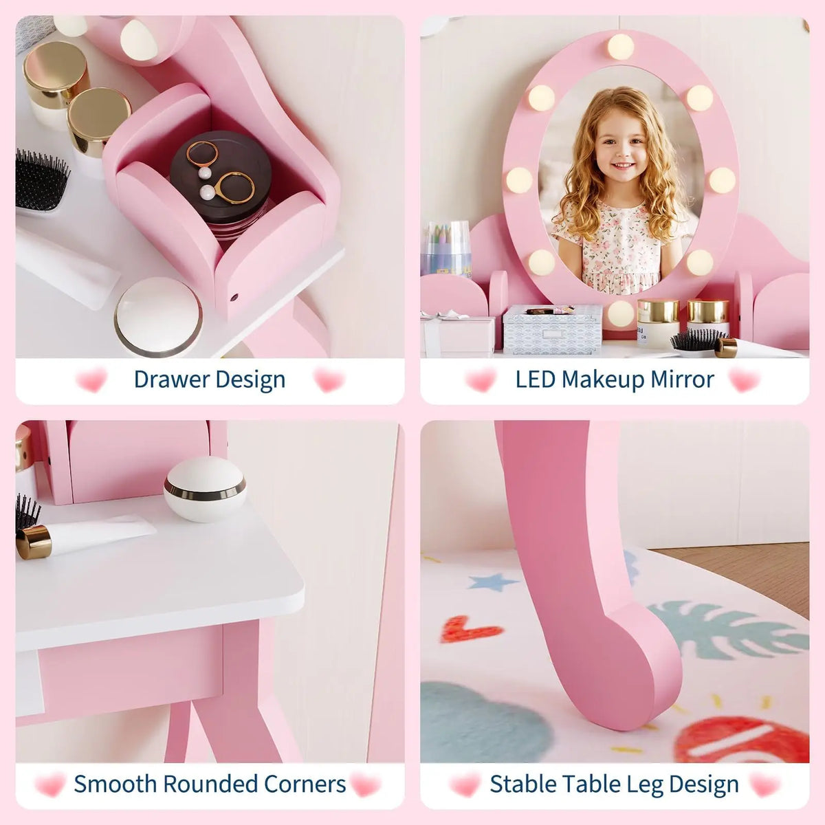 HiMISS Wooden Kids Vanity Desk With Illuminated Mirror