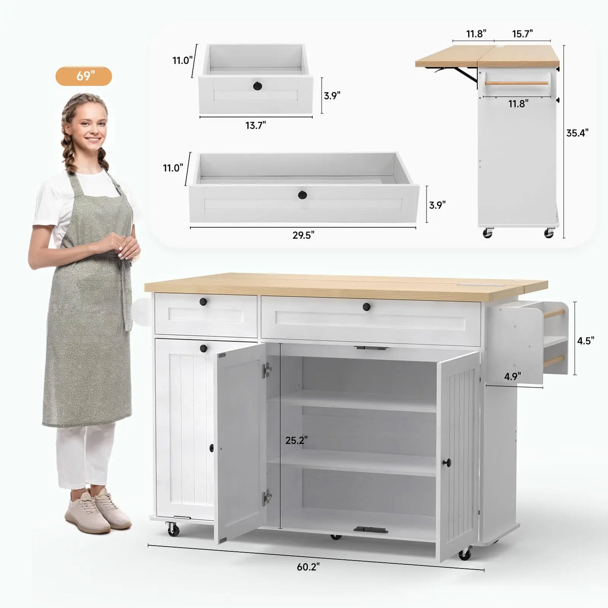 Onbrill Wood Rolling Kitchen Island With Power Outlet Trash Holder