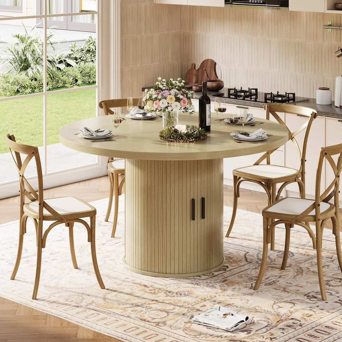 HiMISS Round Dining Table Featuring Hidden Storage And Wine Rack