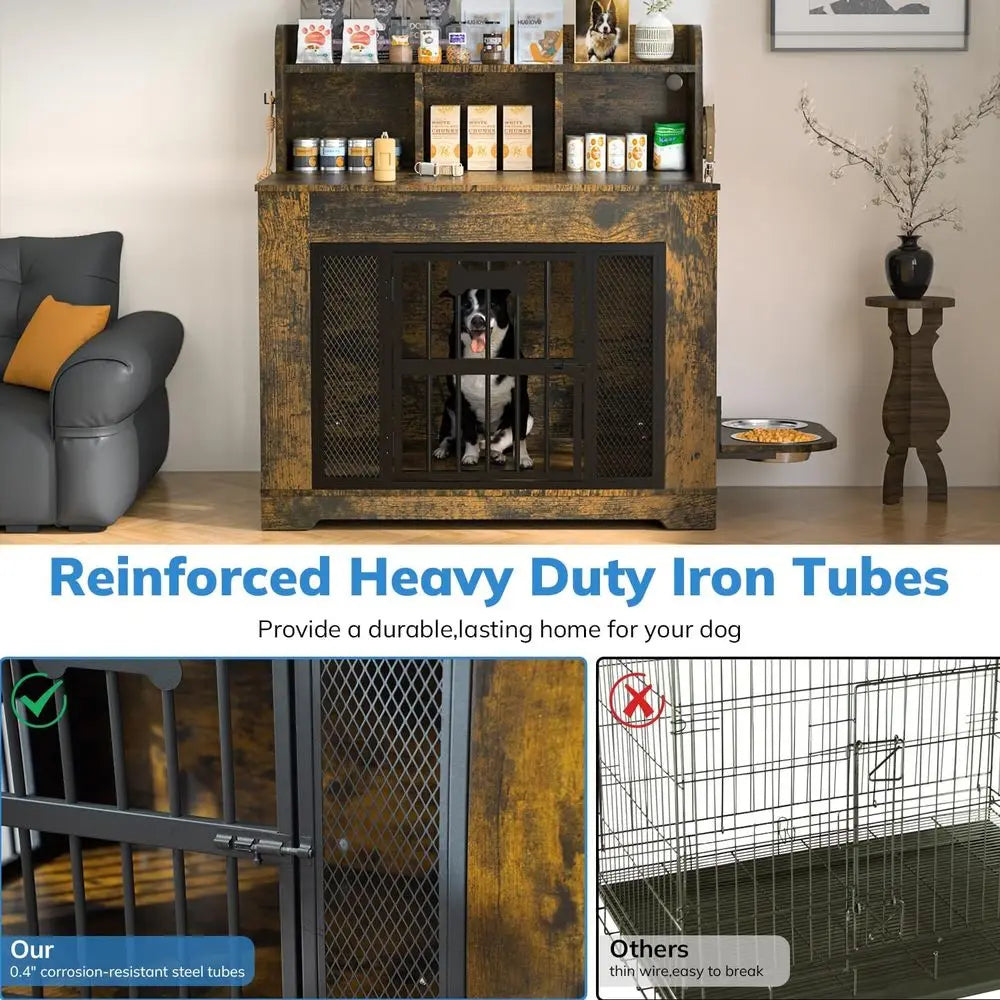 Heavy Duty Dog Crate Furniture With Storage Shelves And Bowls
