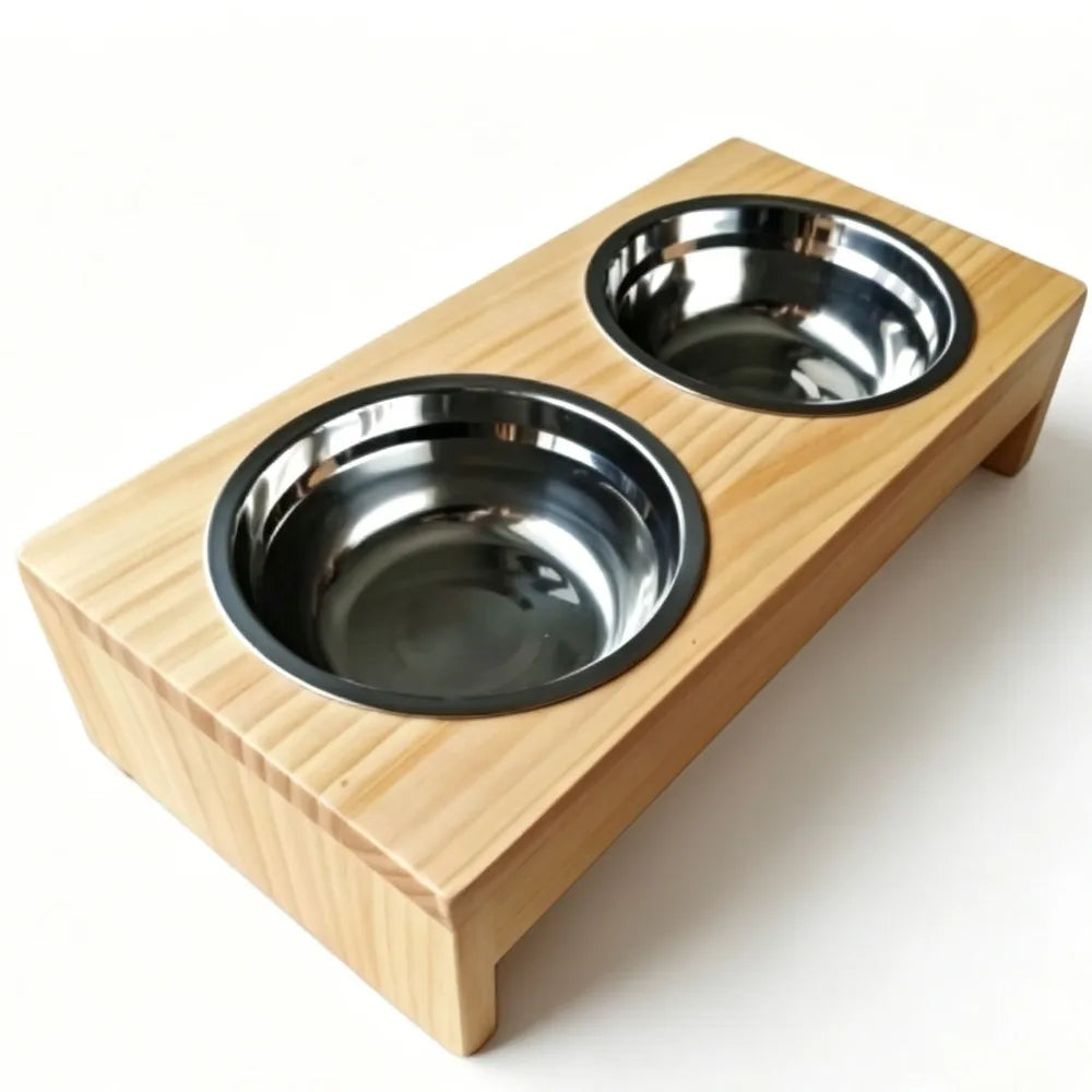 Wooden Elevated Dog Bowl Stand With Stainless Steel Double Bowls