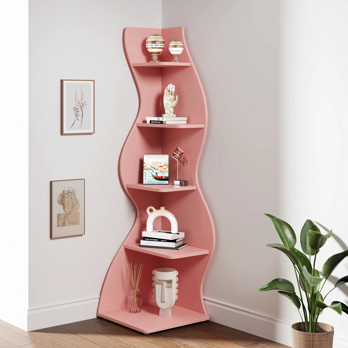 Tribesigns Modern Five Tier Wooden Corner Bookshelf