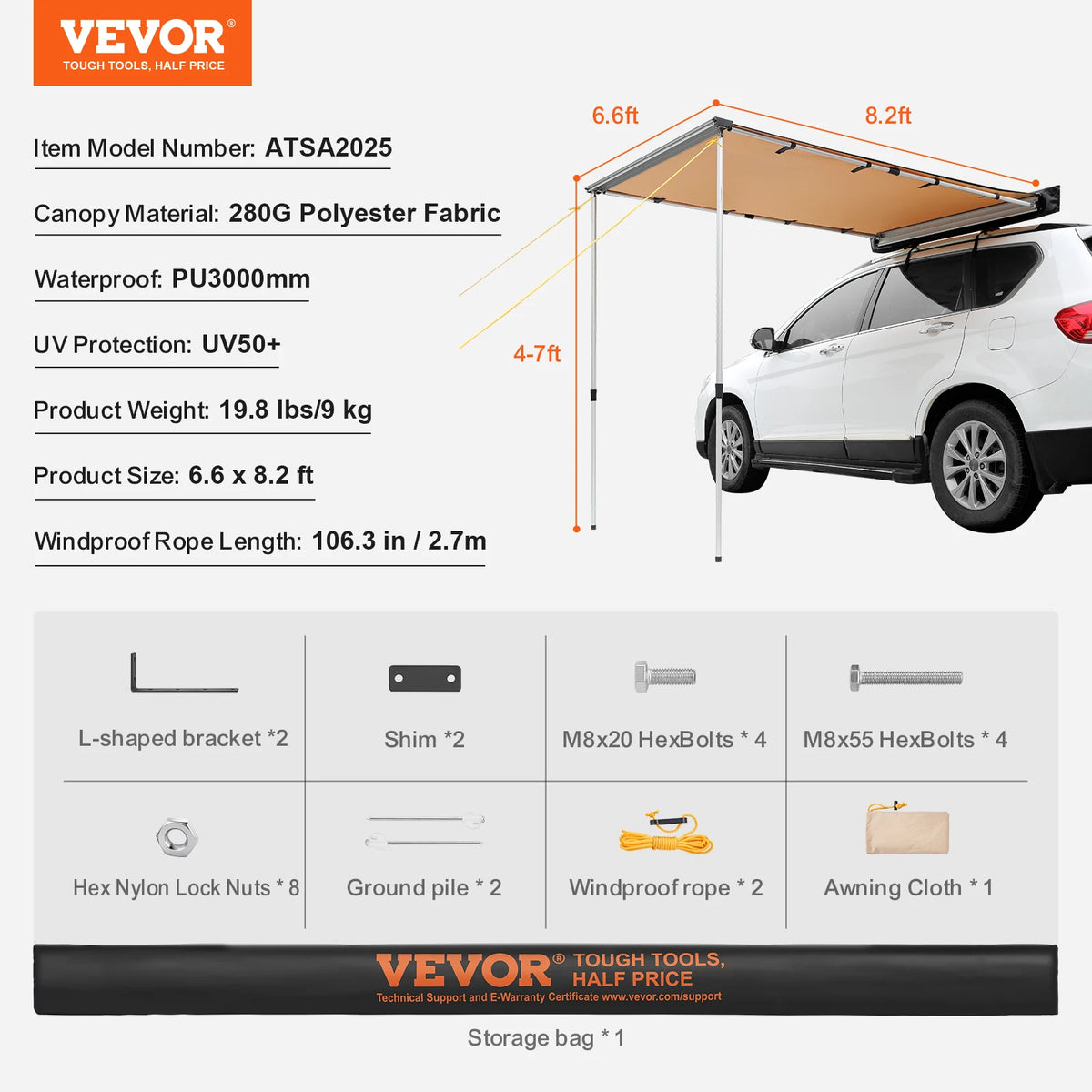 SucceBuy Retractable Car Side Awning With Storage Bag