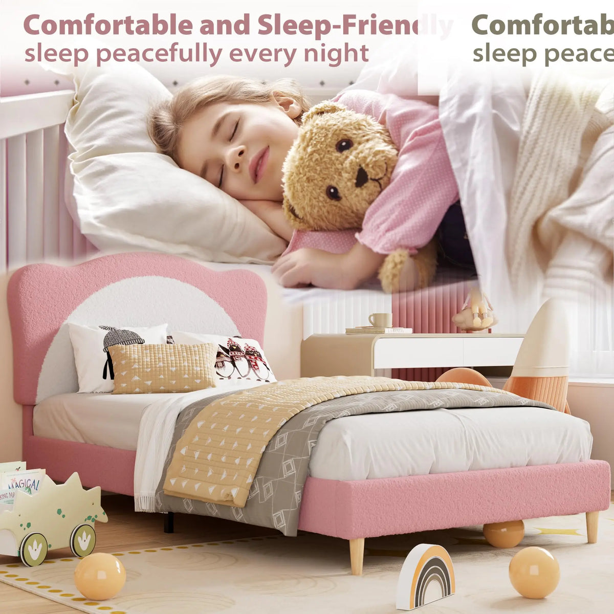 Premium Upholstered Kids Bed Frame With Panda Design And Wood Support