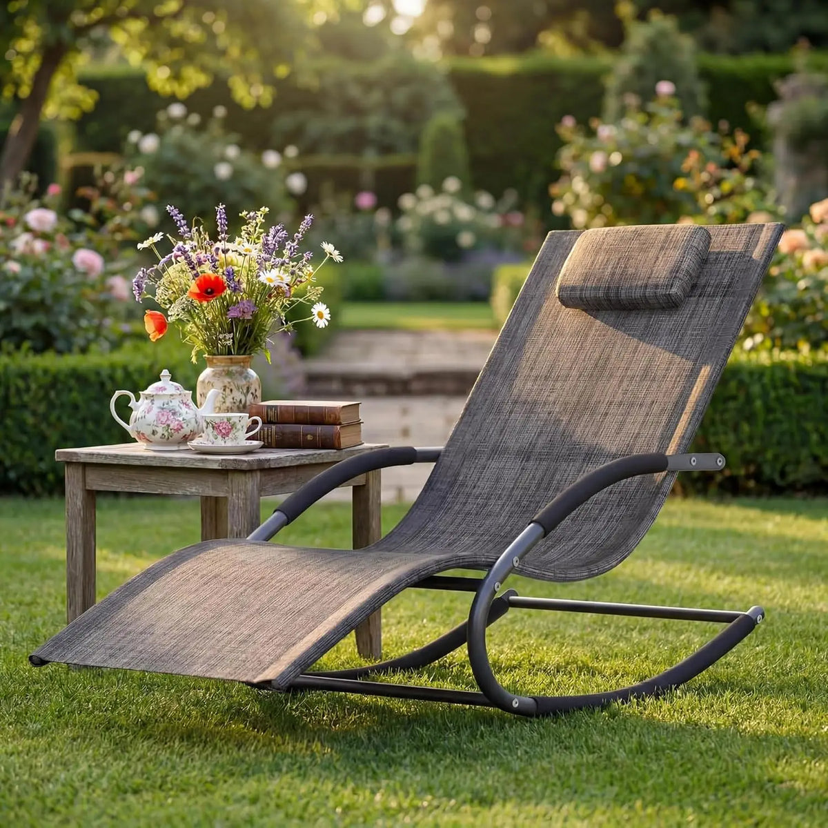 HiMISS Modern Outdoor Rocking Lounge Chair With Detachable Pillow