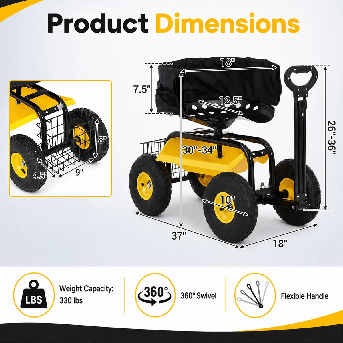 HiMISS Rolling Garden Seat Cart With Swivel Seat And Basket