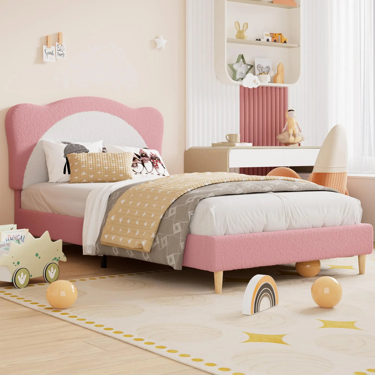 Premium Upholstered Kids Bed Frame With Panda Design And Wood Support