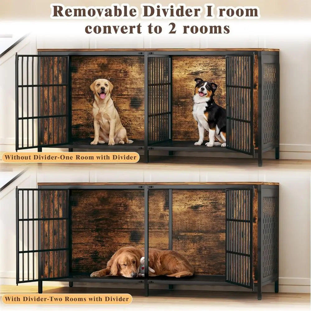 Indoor Double Dog Kennel With Removable Divider And Metal Frame