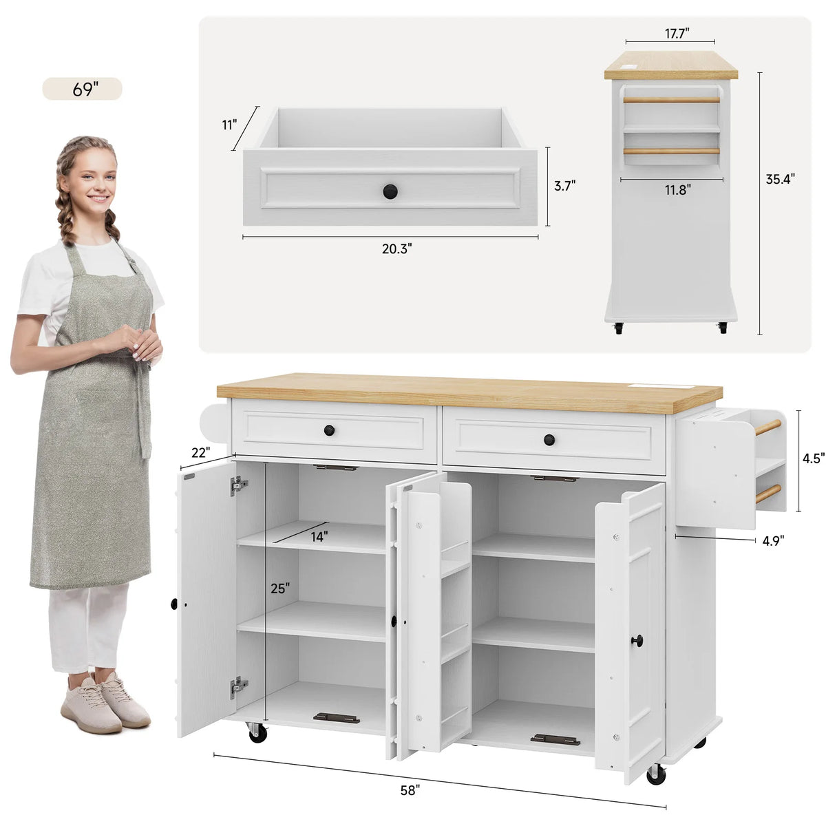 Wood Mobile Kitchen Island Drop Leaf Spice Rack Towel Rack