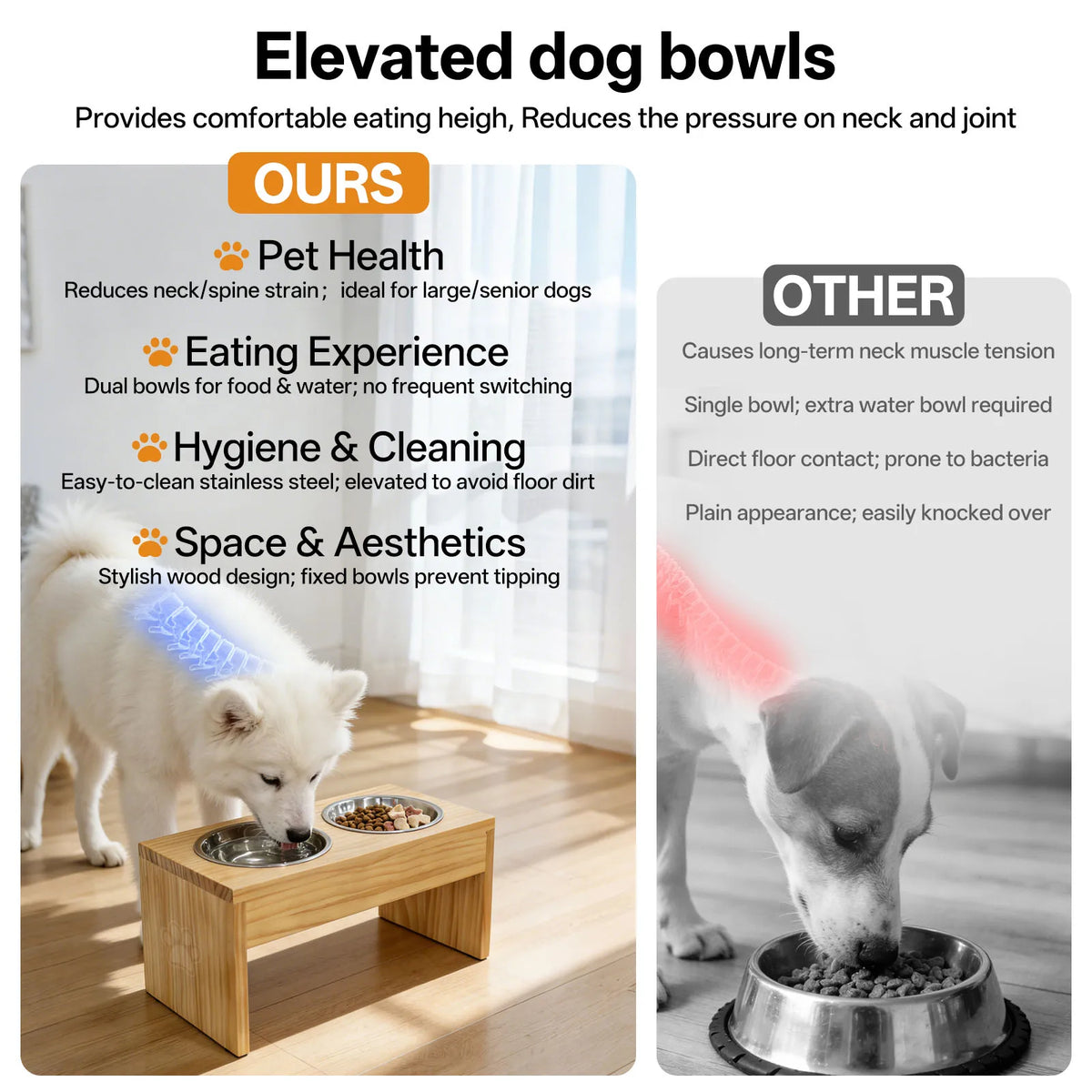 Wooden Elevated Dog Bowl Stand With Stainless Steel Double Bowls